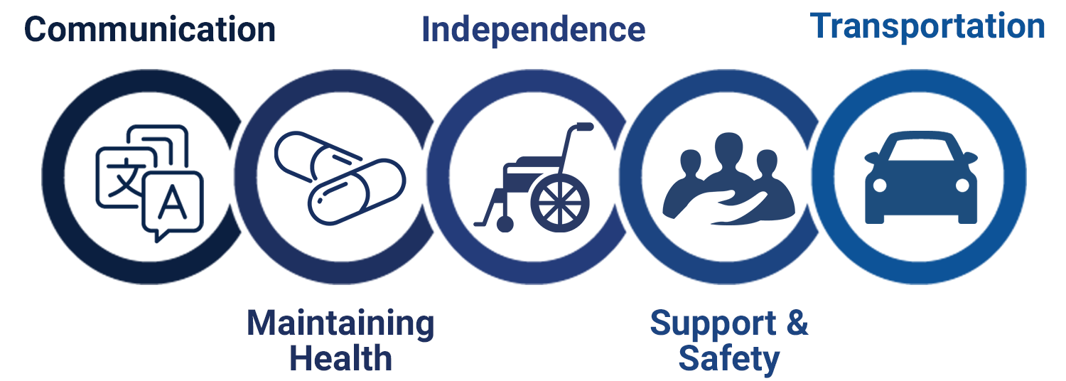 Infographic showing the 5 categories of the CMIST Framework: Communication, Maintaining Health, Independence, Support and Safety